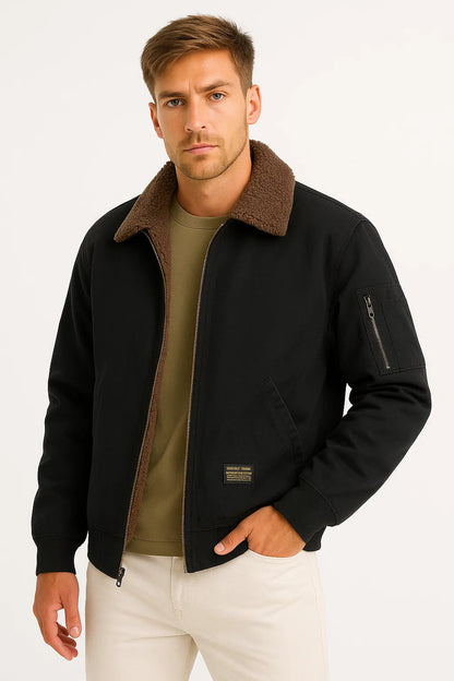 Men's Bomber Jacket Cotton Canvas Sherpa Lined Wind Resistant