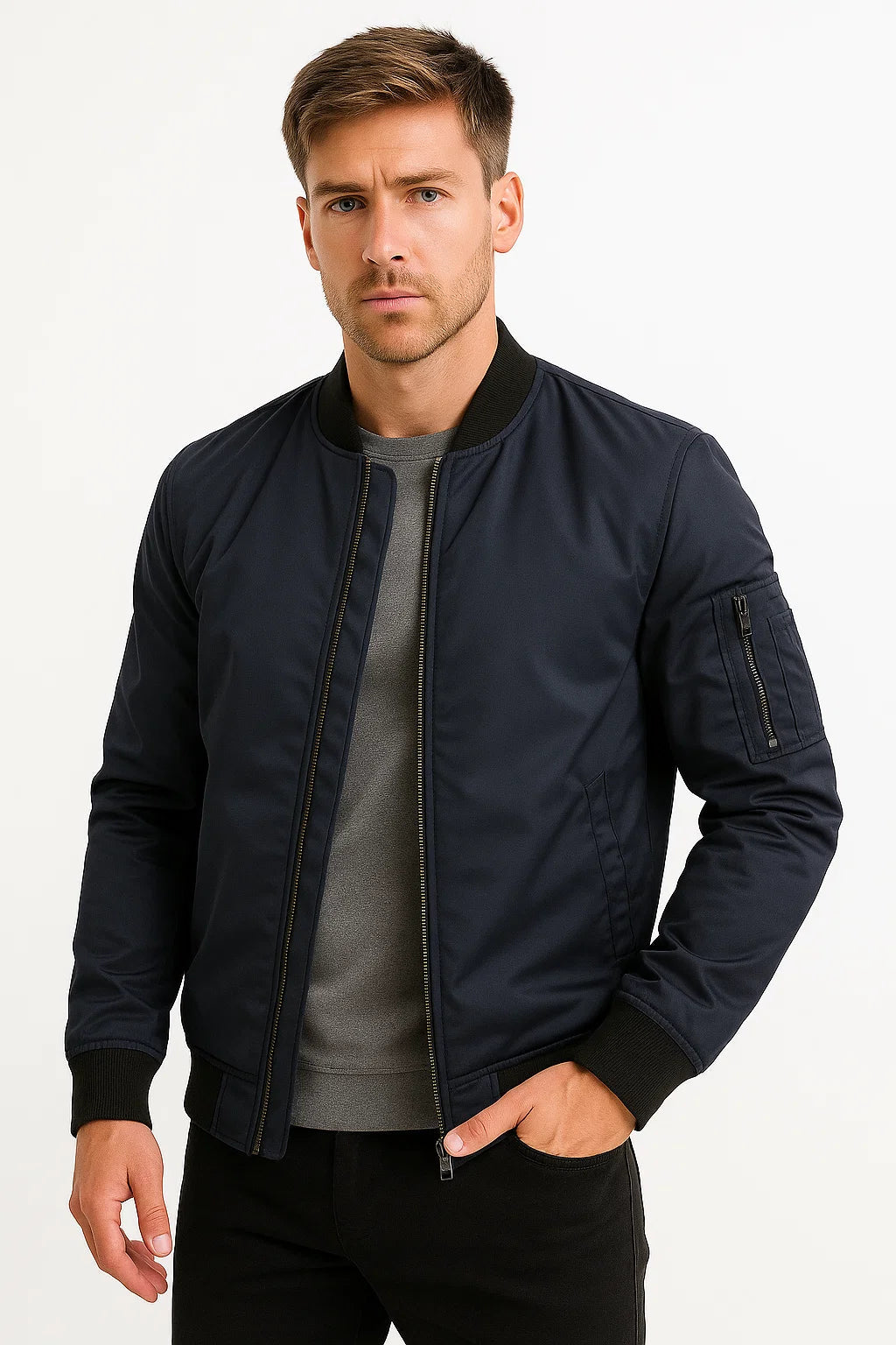 Men's Bomber Jacket Polyester Black Water-Resistant Slim Fit Casual