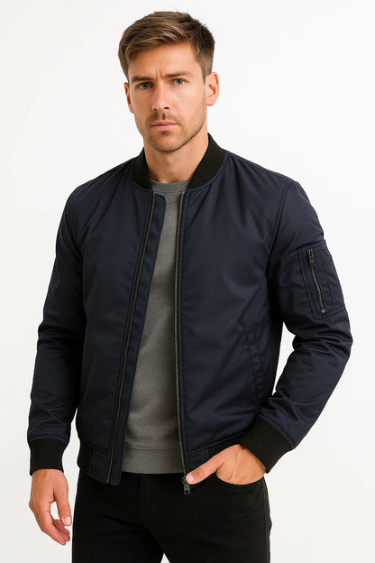 Men's Bomber Jacket Polyester Black Water-Resistant Slim Fit Casual