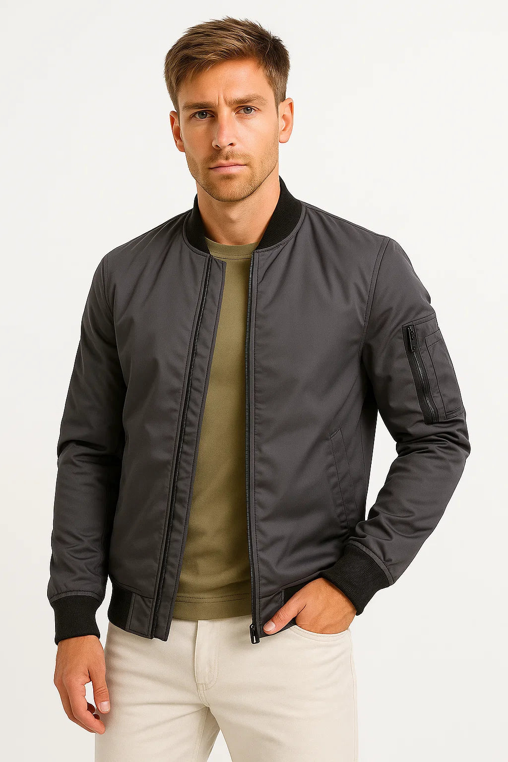 Men's Bomber Jacket Polyester Black Water-Resistant Slim Fit Casual