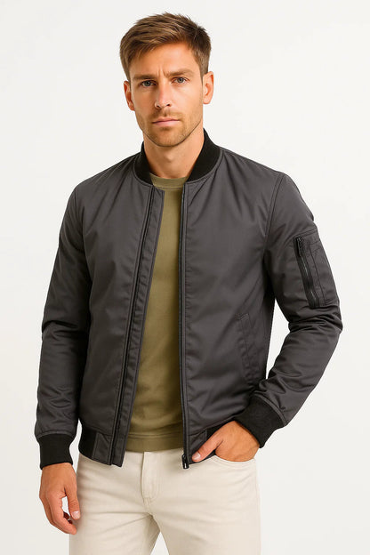 Men's Bomber Jacket Polyester Black Water-Resistant Slim Fit Casual