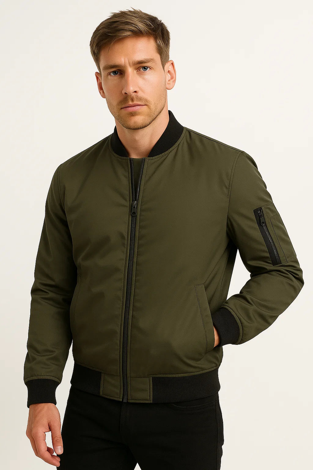 Men's Bomber Jacket Polyester Black Water-Resistant Slim Fit Casual