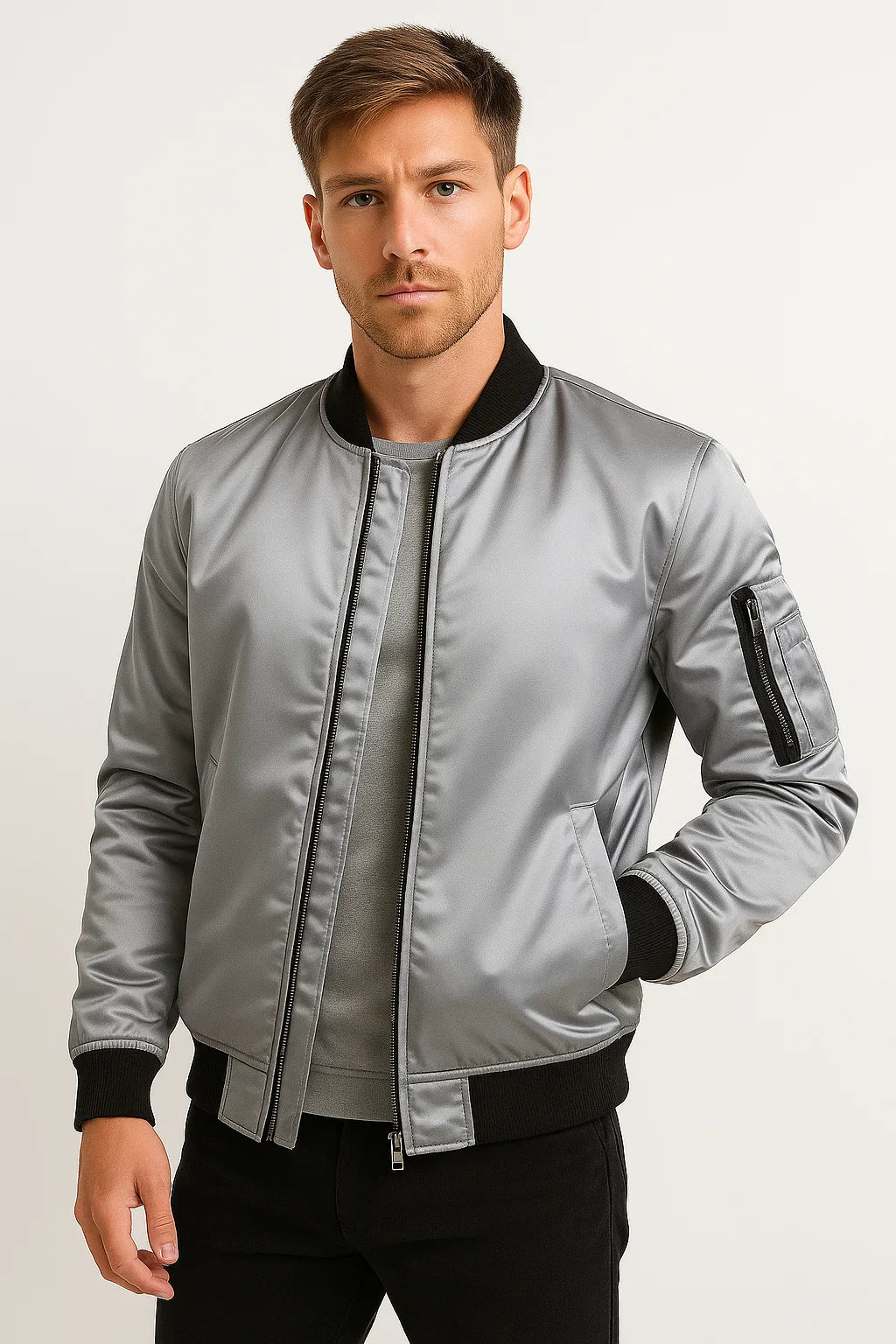 Men's Bomber Jacket Polyester Black Water-Resistant Slim Fit Casual