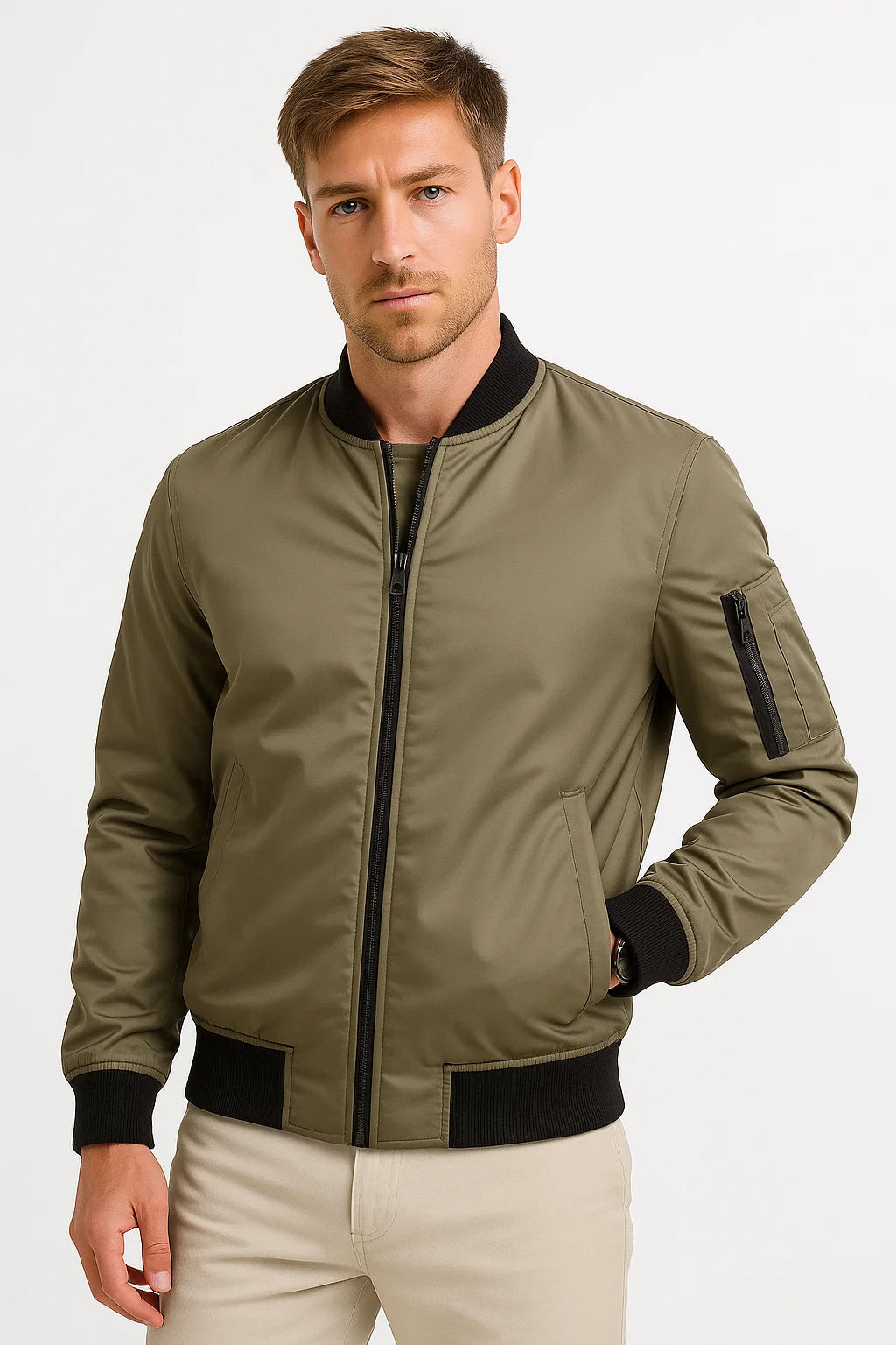 Men's Bomber Jacket Polyester Black Water-Resistant Slim Fit Casual