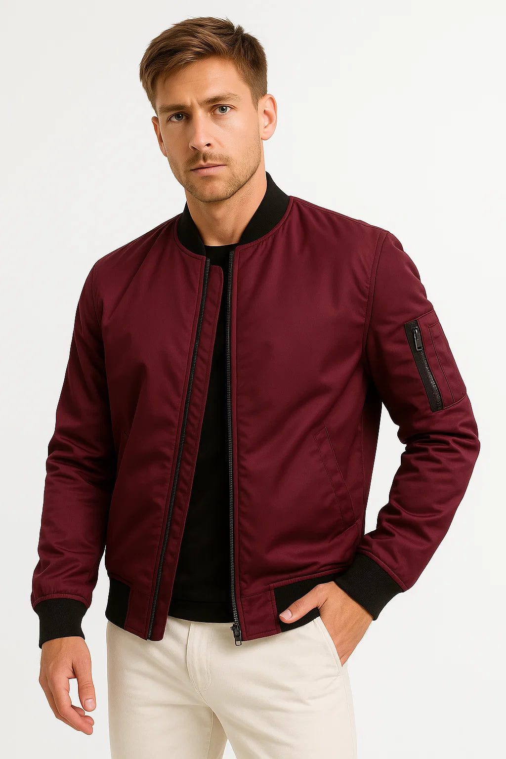 Men's Bomber Jacket Polyester Black Water-Resistant Slim Fit Casual