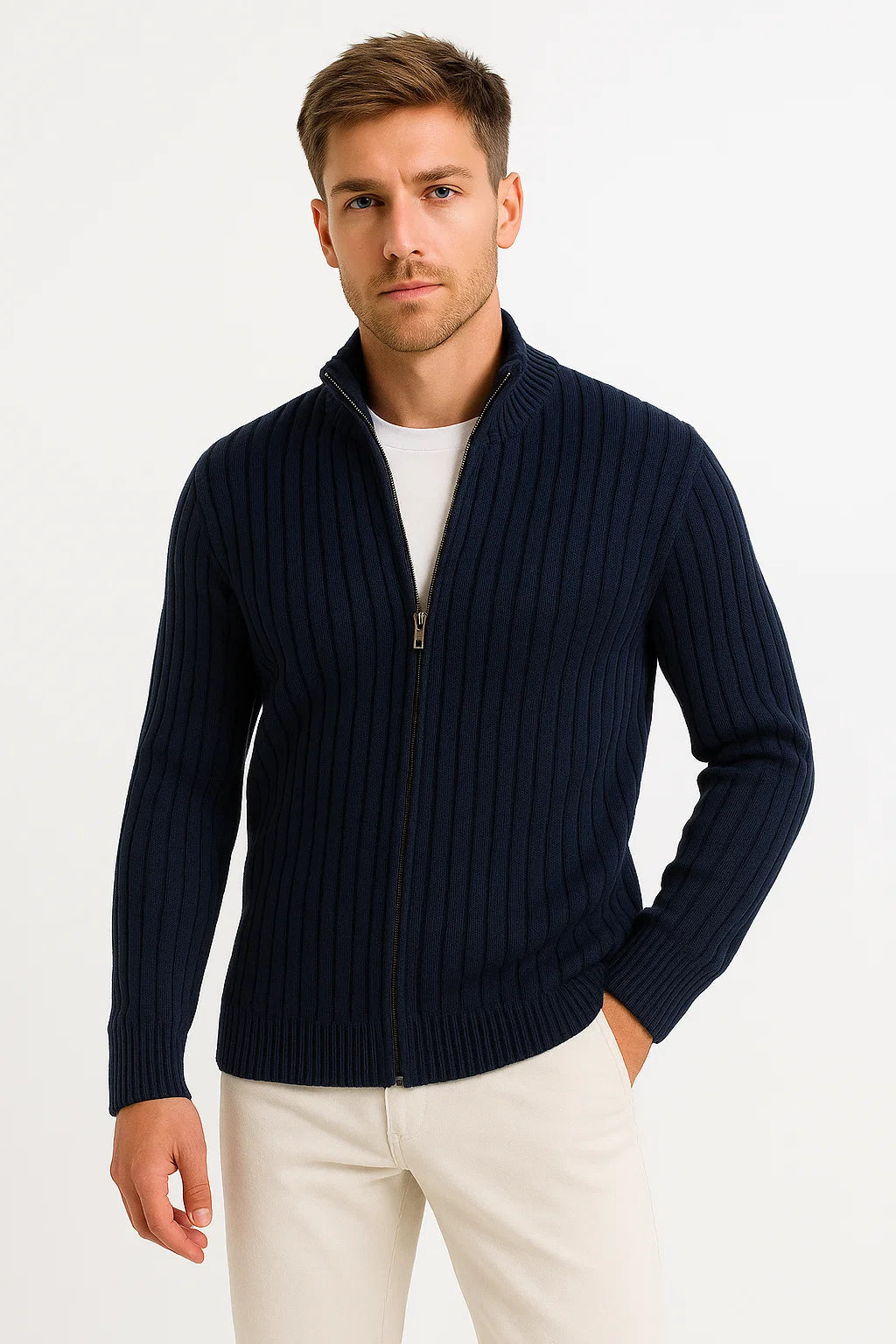 Men's Cardigan Grey Ribbed Knit Lightweight Casual and Formal Design for Men
