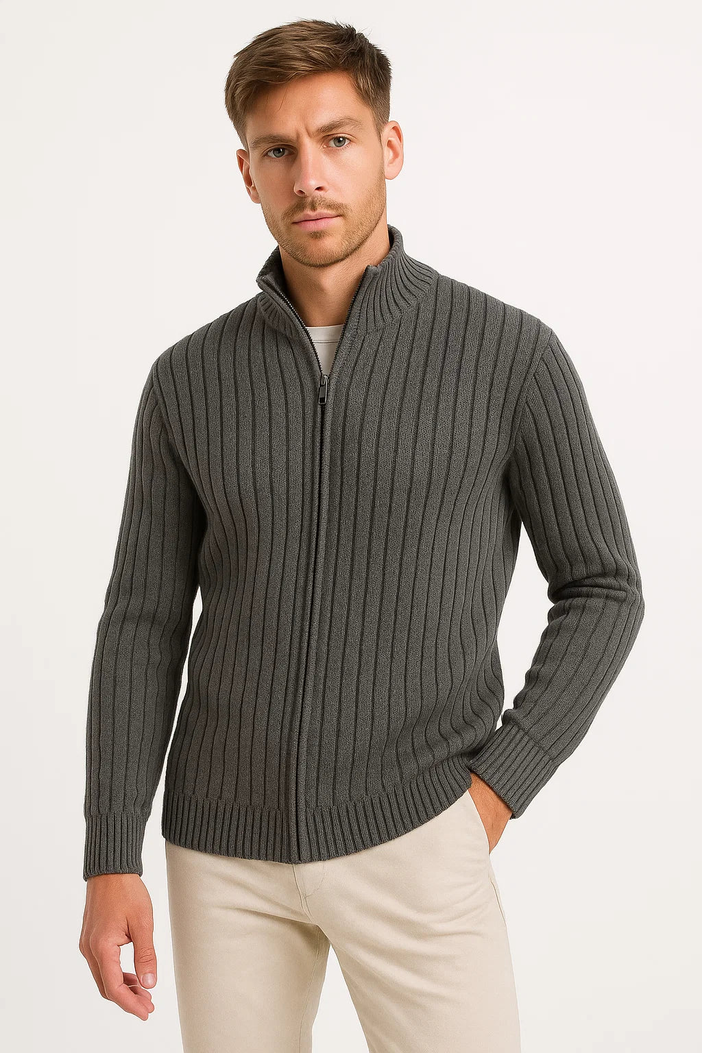 Men's Cardigan Grey Ribbed Knit Lightweight Casual and Formal Design for Men