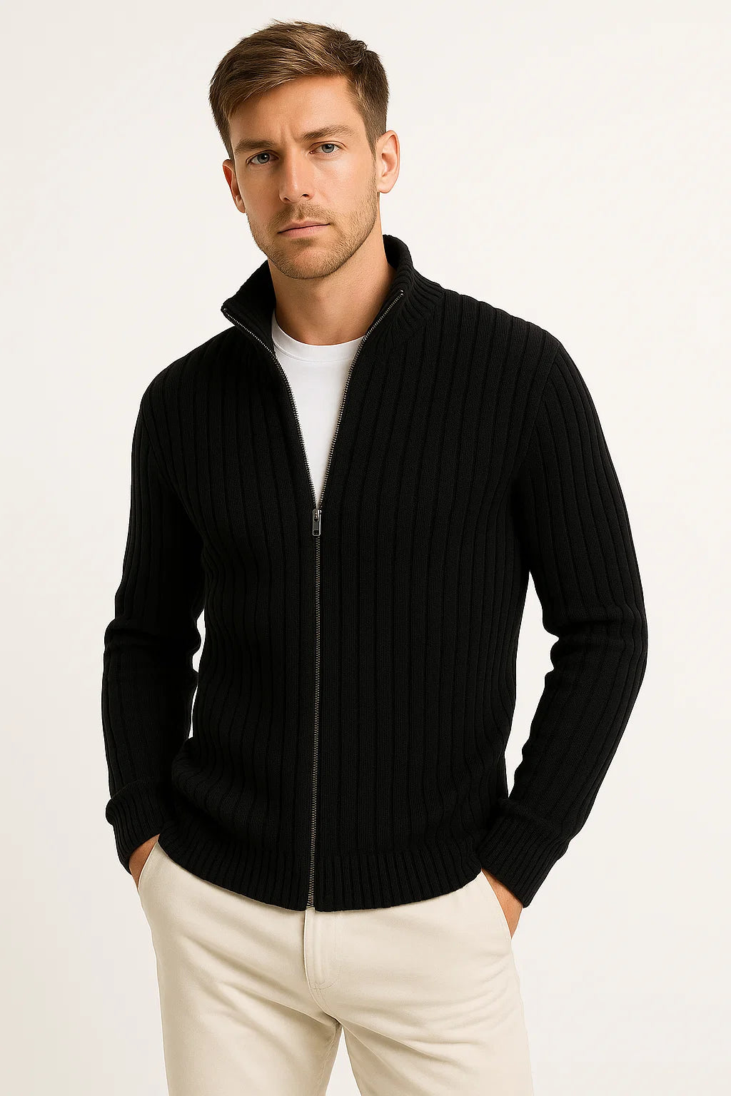 Men's Cardigan Grey Ribbed Knit Lightweight Casual and Formal Design for Men