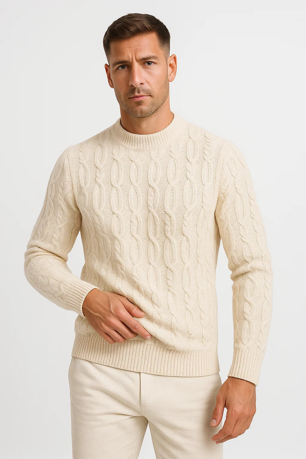Men's Crewneck Sweater Cotton Blend Cable Knit Lightweight Stylish Design