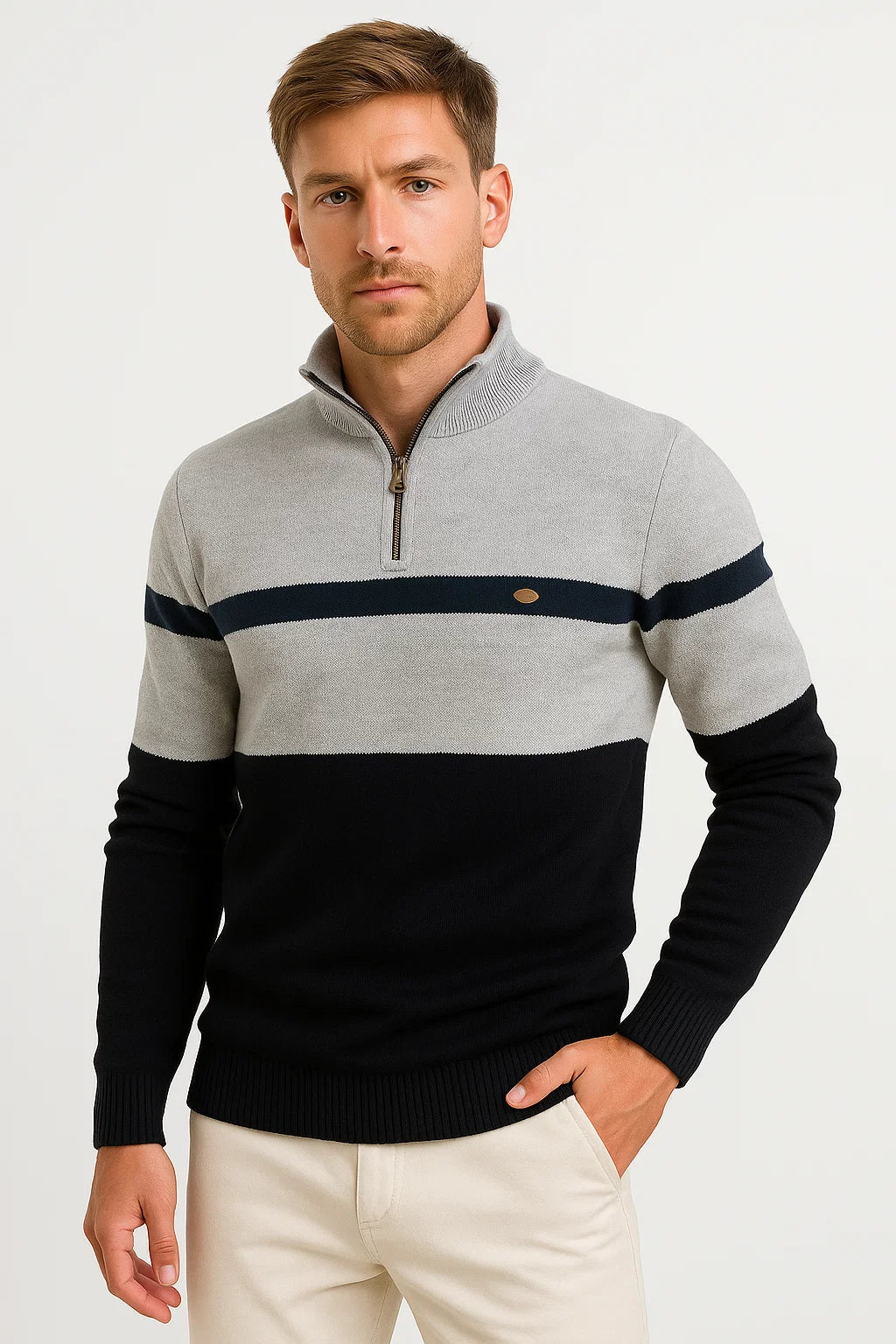 Men's Pullover Sweater Cotton Blend Color Block Casual Half-Zip