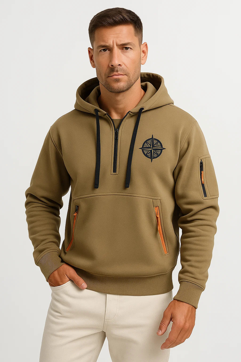 Men's Hoodie Blue Cotton Multi-Zip Embroidered Casual Sports with Zipper Pockets