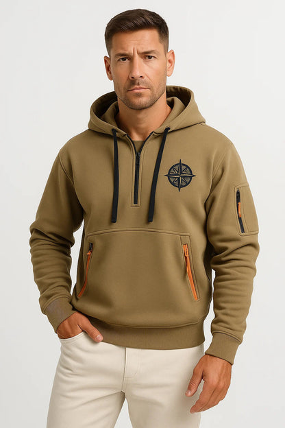 Men's Hoodie Blue Cotton Multi-Zip Embroidered Casual Sports with Zipper Pockets