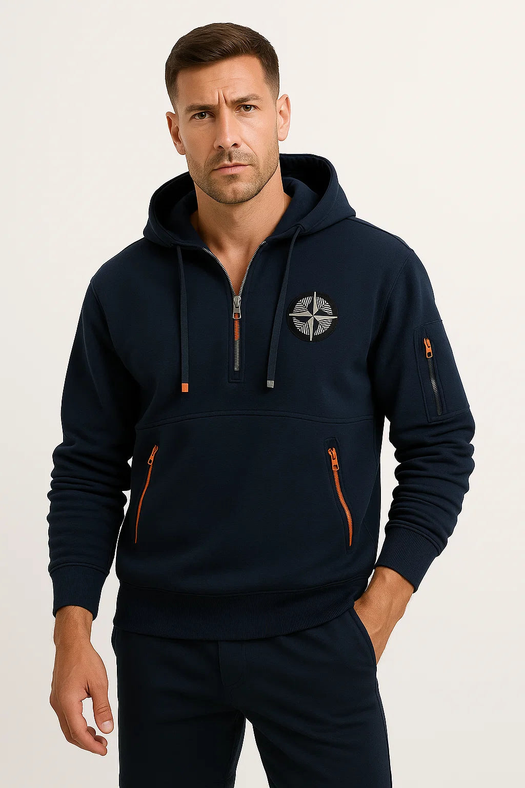Men's Hoodie Blue Cotton Multi-Zip Embroidered Casual Sports with Zipper Pockets