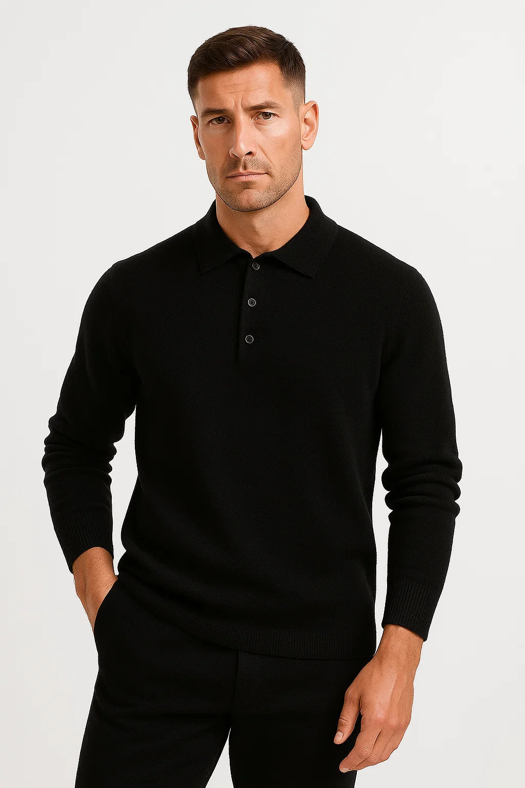 Men's Polo Sweater Merino Wool Long Sleeve Classic Knit