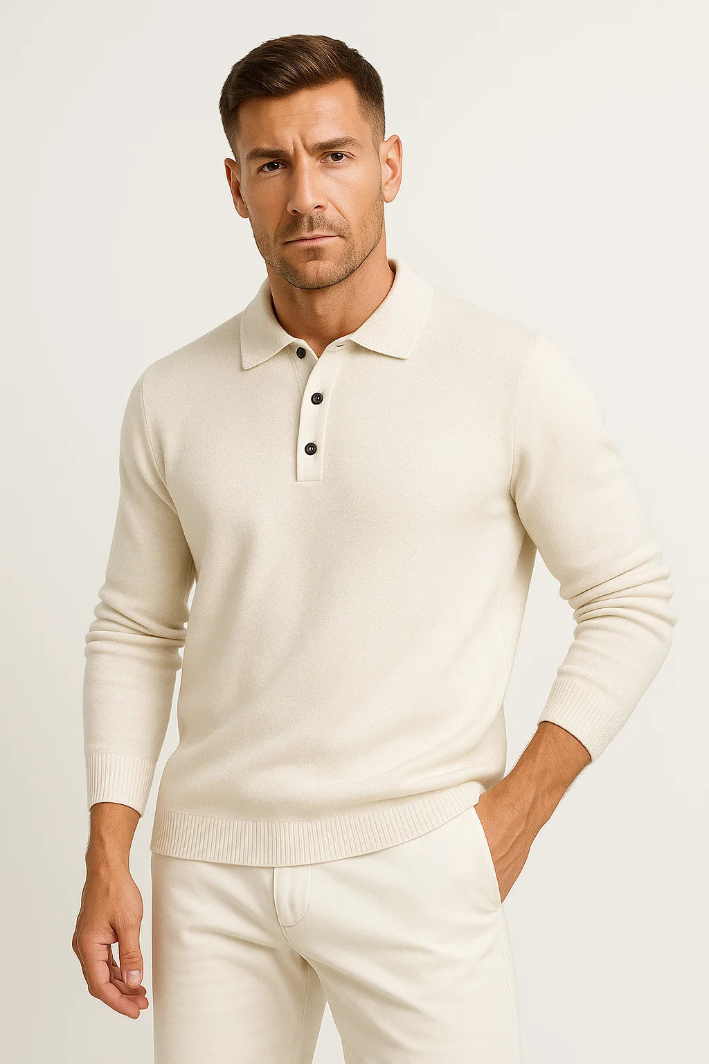 Men's Polo Sweater Merino Wool Long Sleeve Classic Knit