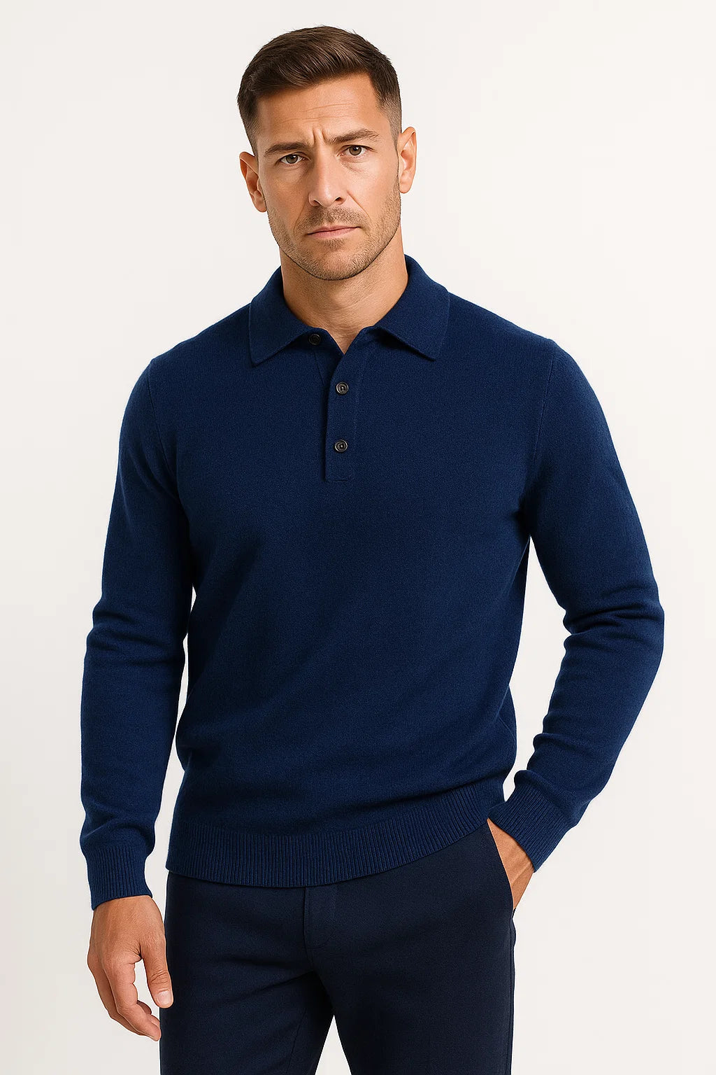 Men's Polo Sweater Merino Wool Long Sleeve Classic Knit