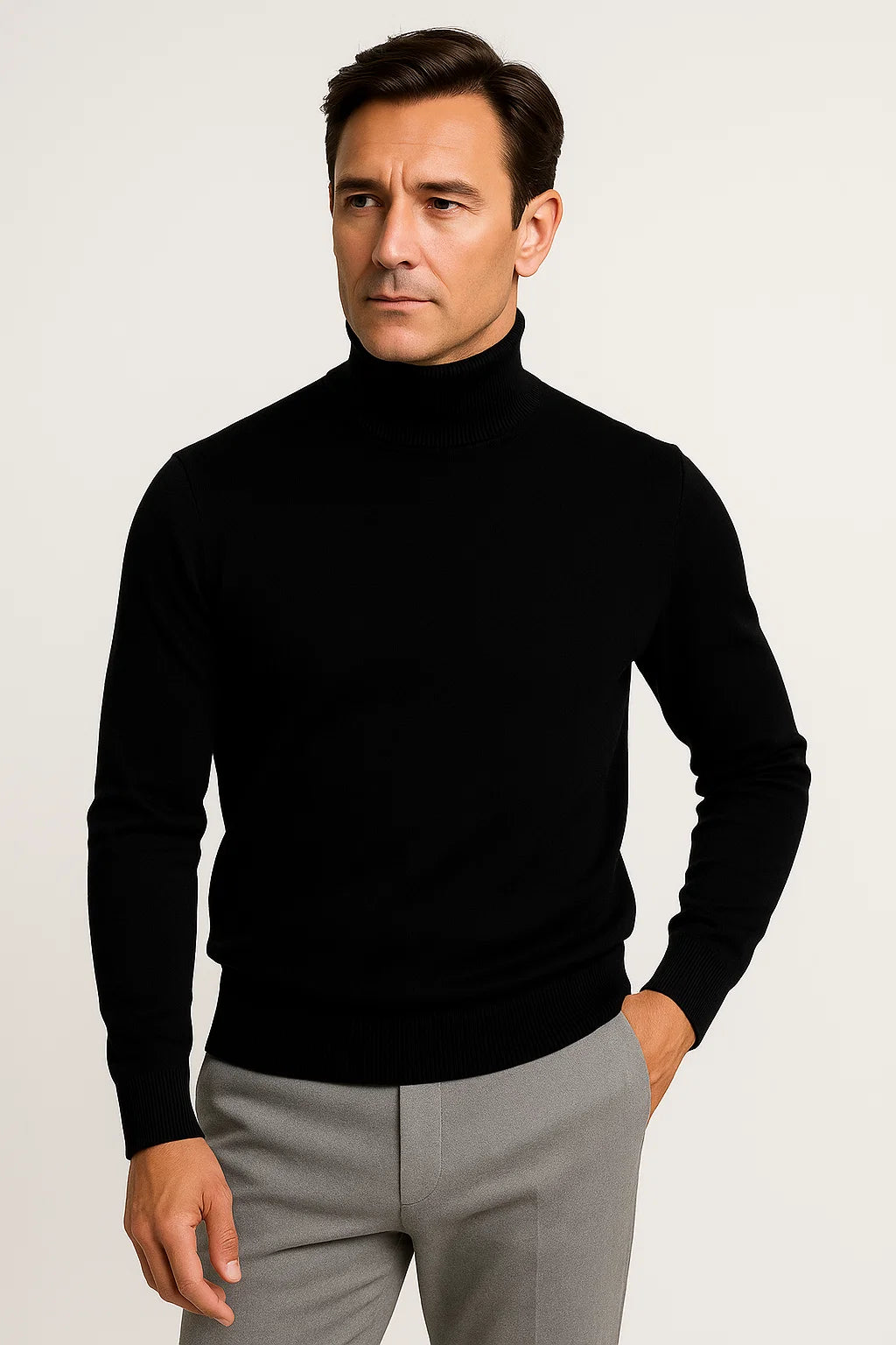 Men's Pullover Grey Cotton Roll Neck Comfortable Timeless Knitwear