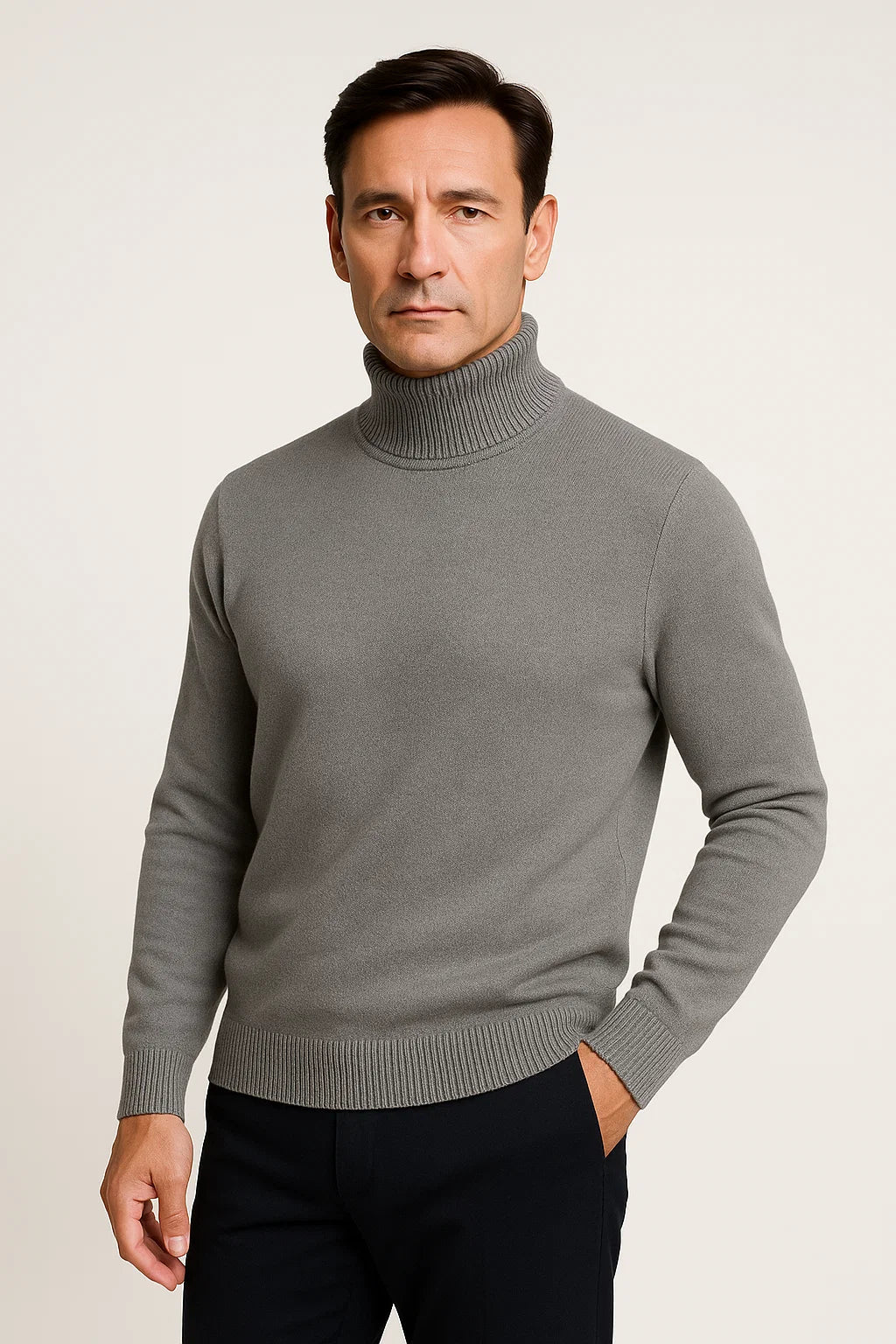 Men's Pullover Grey Cotton Roll Neck Comfortable Timeless Knitwear