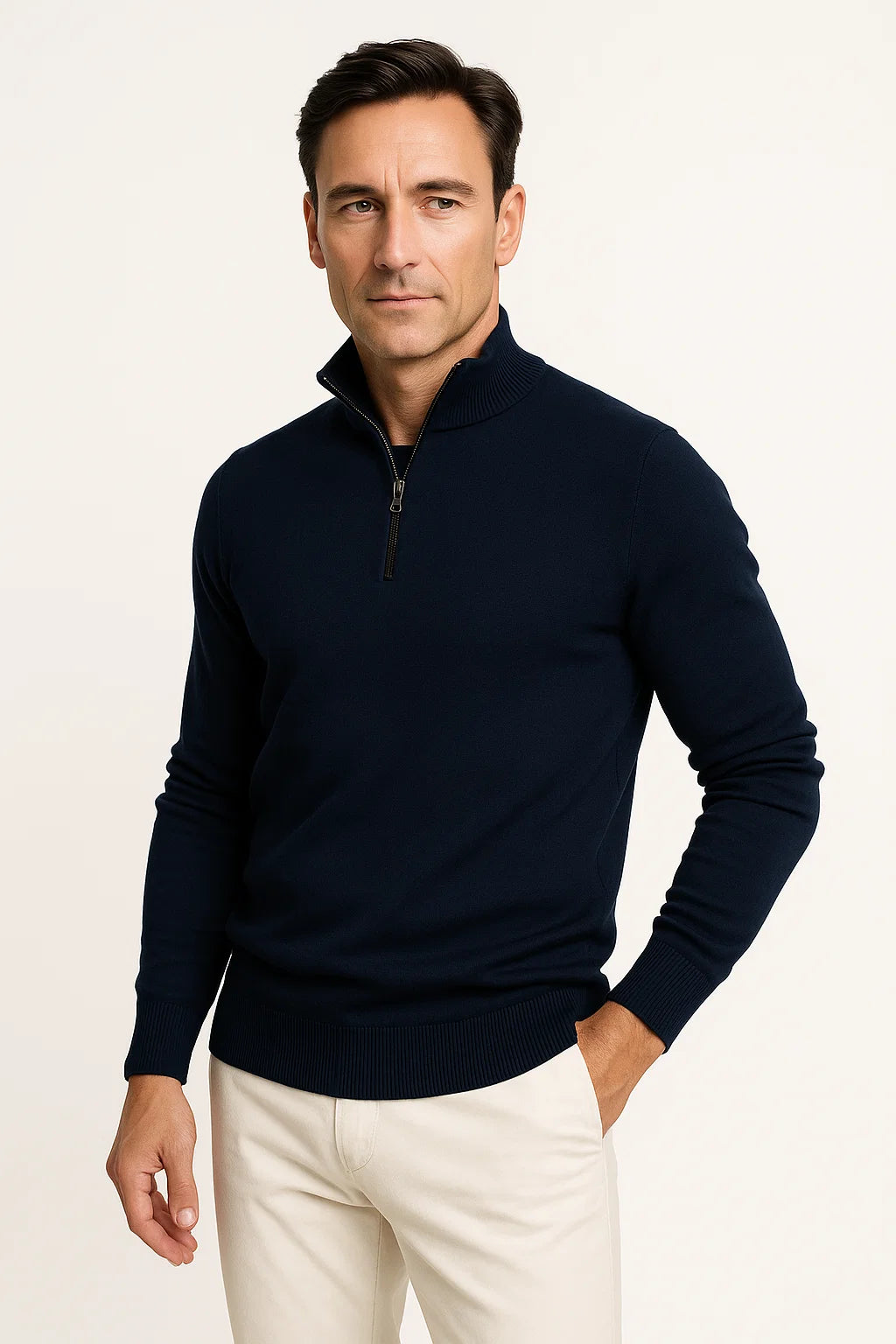 Men's Quarter Zip Sweater Cotton Blend Classic Fit Minimalist Design