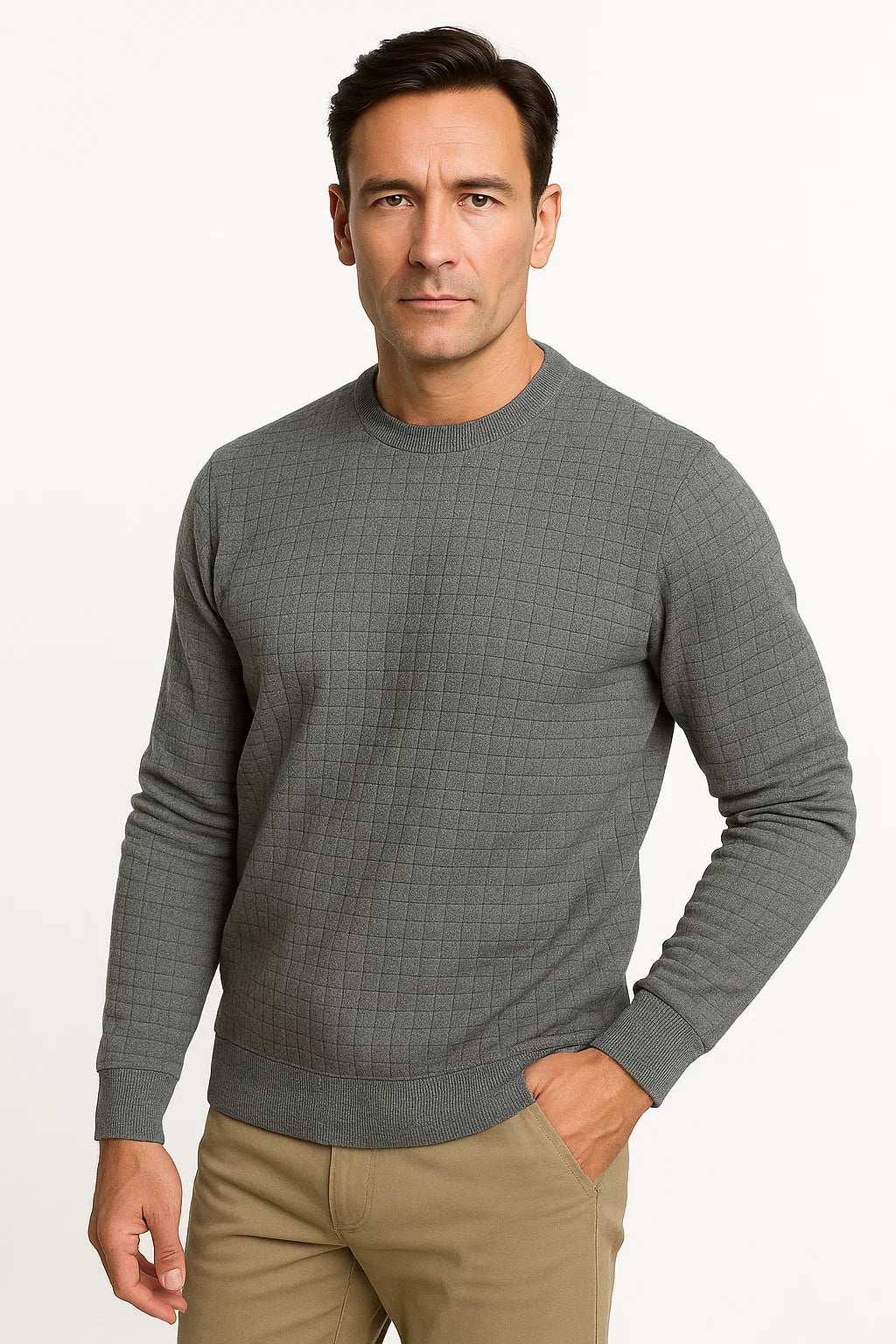 Men's Casual Shirt Cotton Blue Plaid Round Neck Semi-Formal