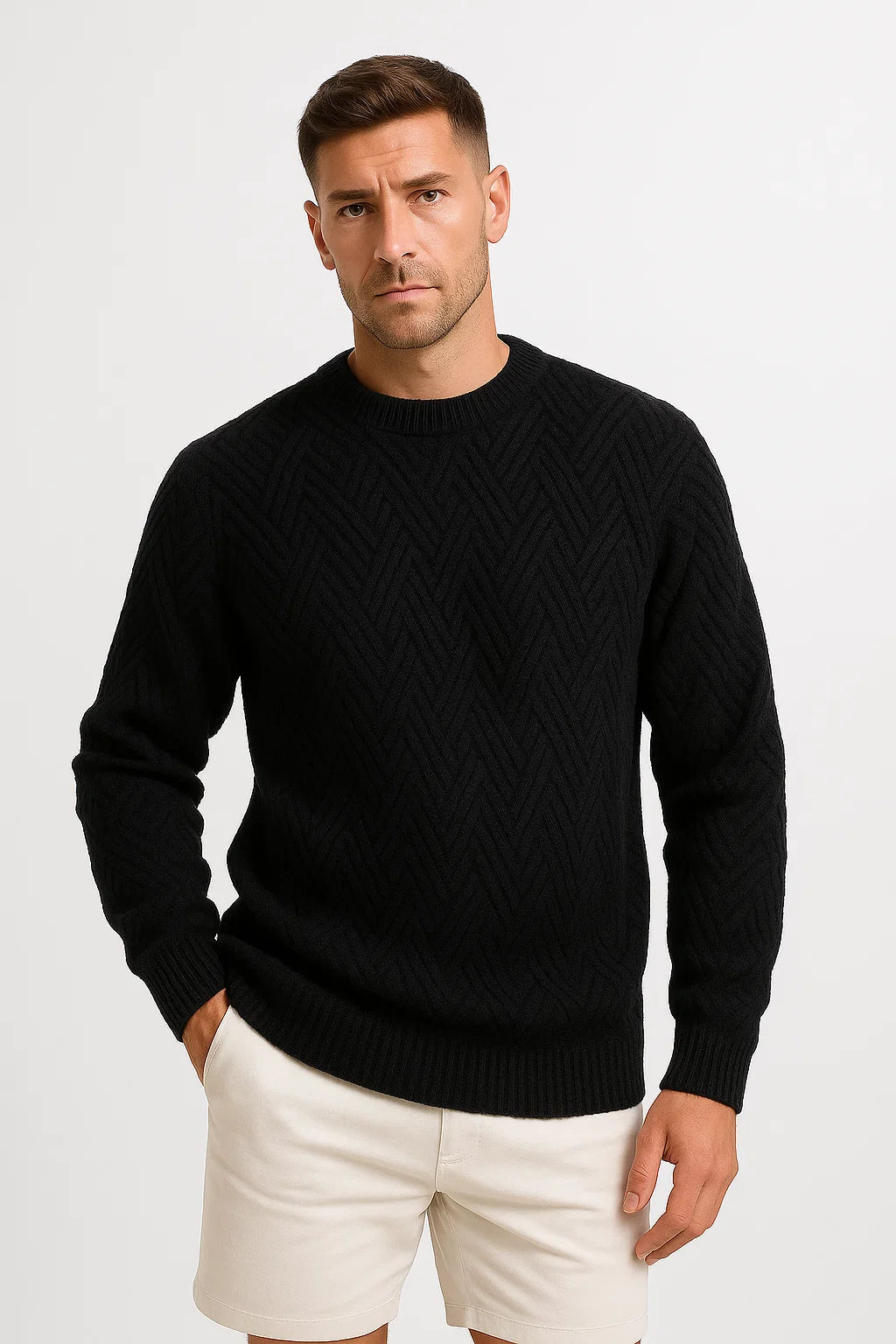 Men's Sweater Grey Knitted Pattern Soft Yarn Relaxed Fit Ribbed Round Neck