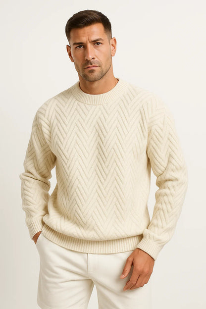 Men's Sweater Grey Knitted Pattern Soft Yarn Relaxed Fit Ribbed Round Neck