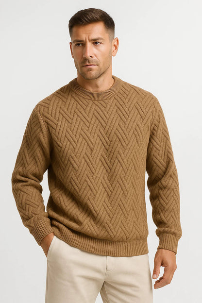 Men's Sweater Grey Knitted Pattern Soft Yarn Relaxed Fit Ribbed Round Neck