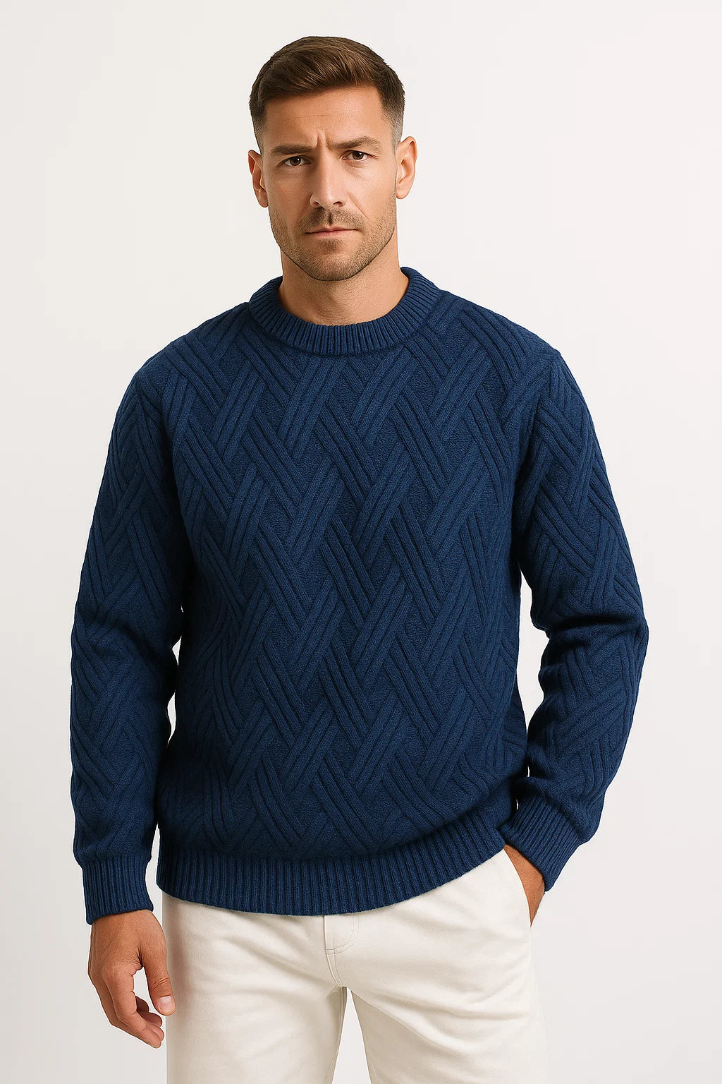 Men's Sweater Grey Knitted Pattern Soft Yarn Relaxed Fit Ribbed Round Neck