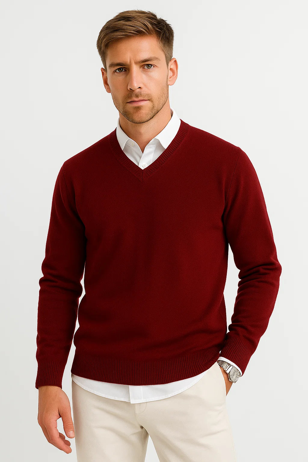 Men's Sweater Wool-Polyester Blend V-Neck Lightweight
