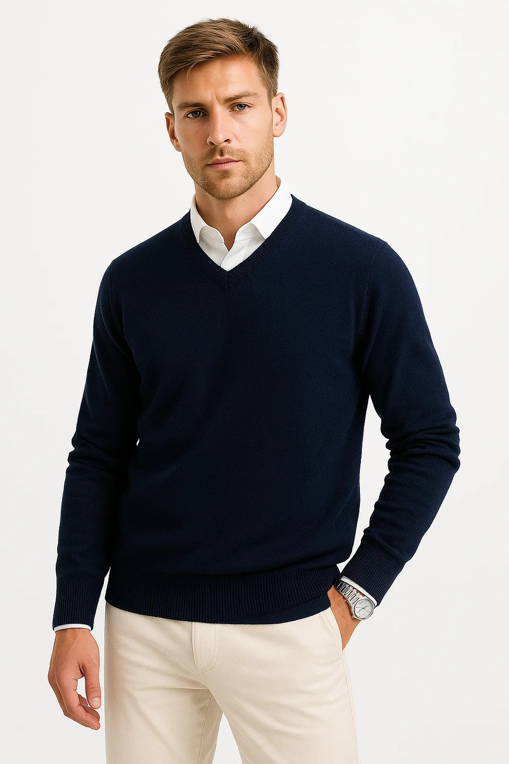 Men's Sweater Wool-Polyester Blend V-Neck Lightweight