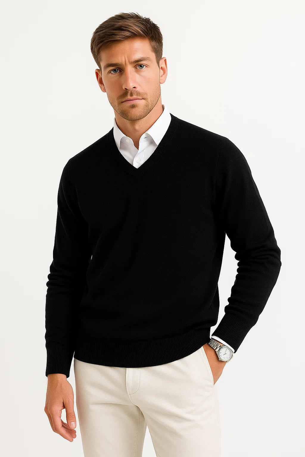 Men's Sweater Wool-Polyester Blend V-Neck Lightweight