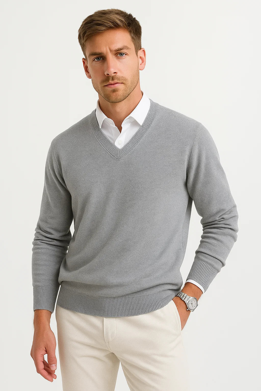 Men's Sweater Wool-Polyester Blend V-Neck Lightweight