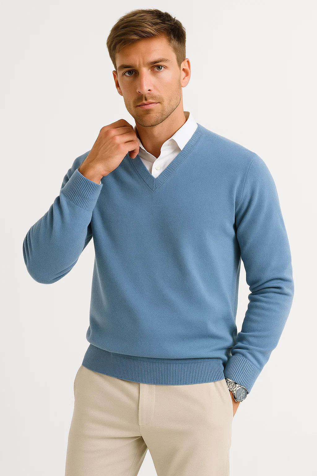 Men's Sweater Wool-Polyester Blend V-Neck Lightweight