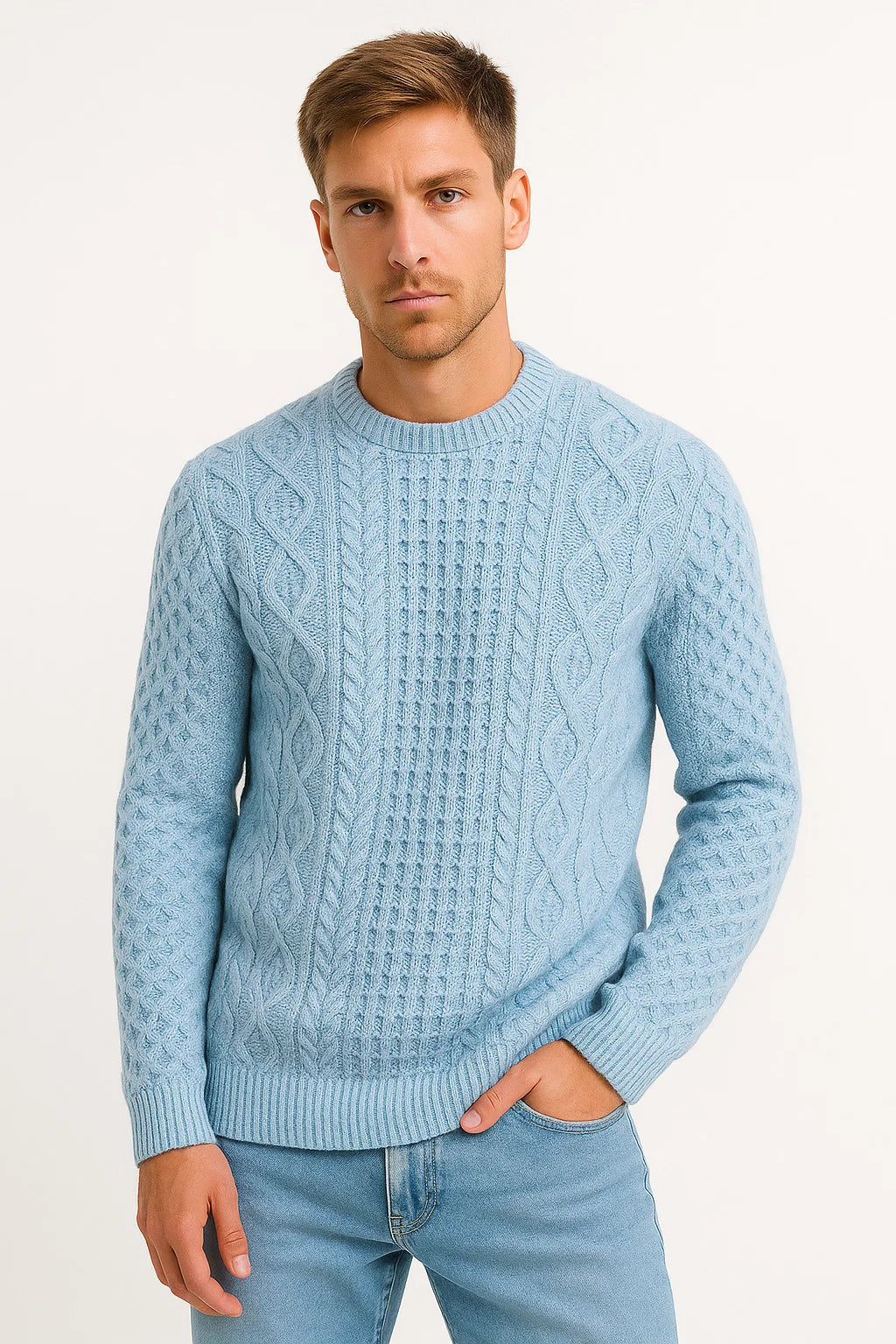 Men's Sweater Grey Wool Blend Slim Fit Cable Knit Casual Wear