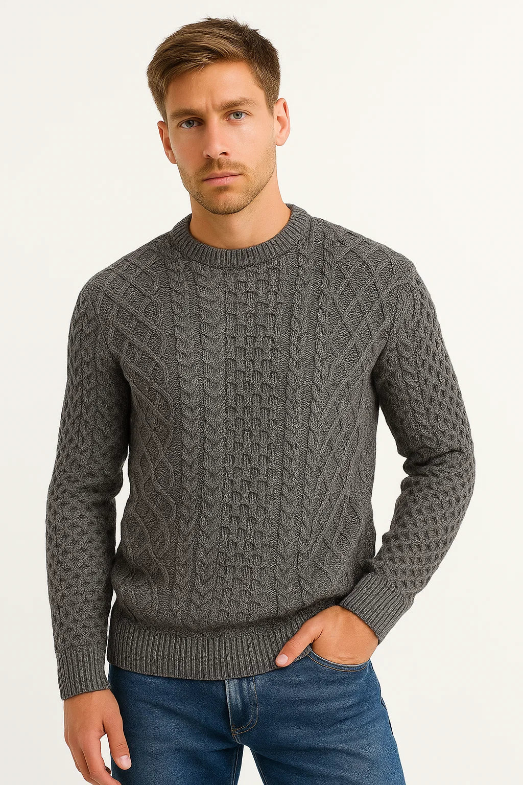 Men's Sweater Grey Wool Blend Slim Fit Cable Knit Casual Wear