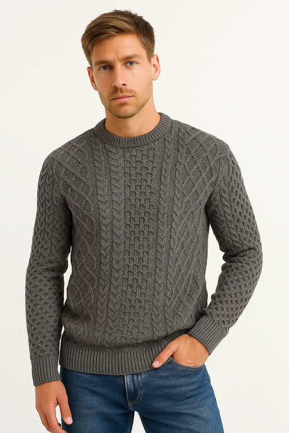 Men's Sweater Grey Wool Blend Slim Fit Cable Knit Casual Wear