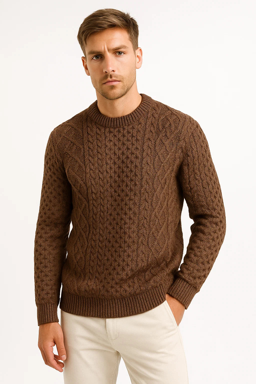 Men's Sweater Grey Wool Blend Slim Fit Cable Knit Casual Wear
