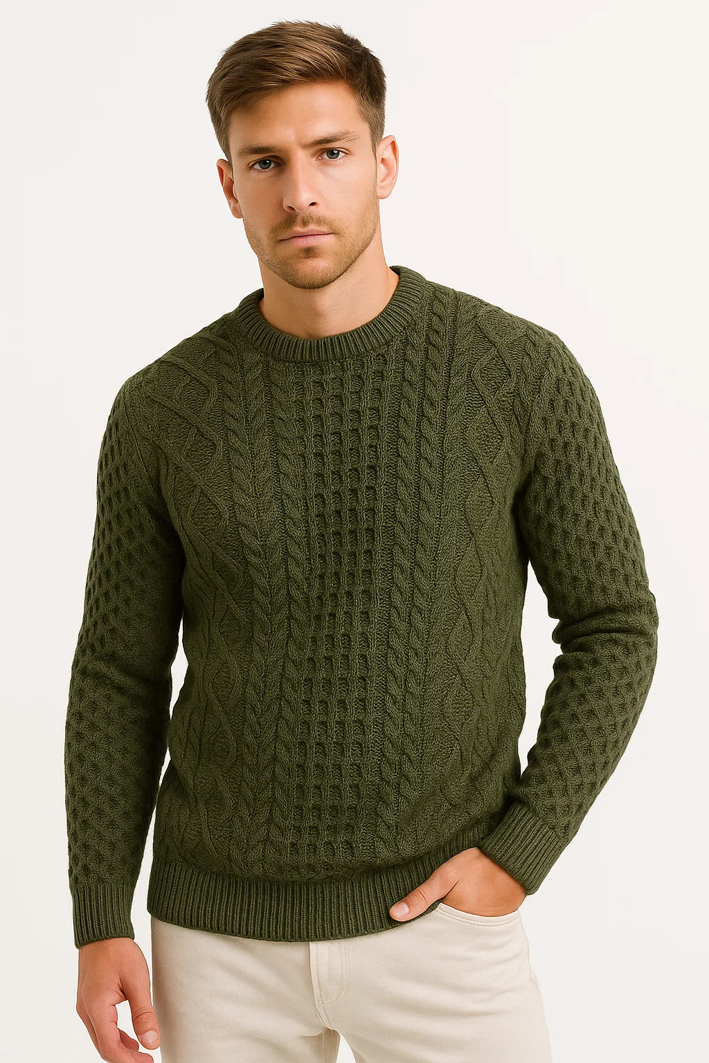 Men's Sweater Grey Wool Blend Slim Fit Cable Knit Casual Wear