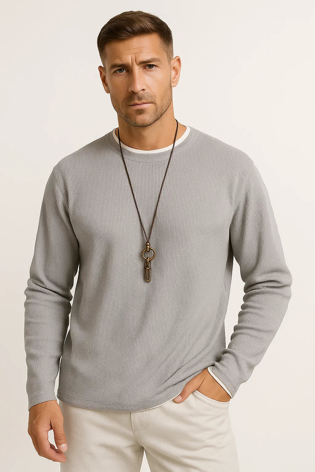 Men's Long Sleeve T-Shirt Stretchable Waffle Texture Crew Neck