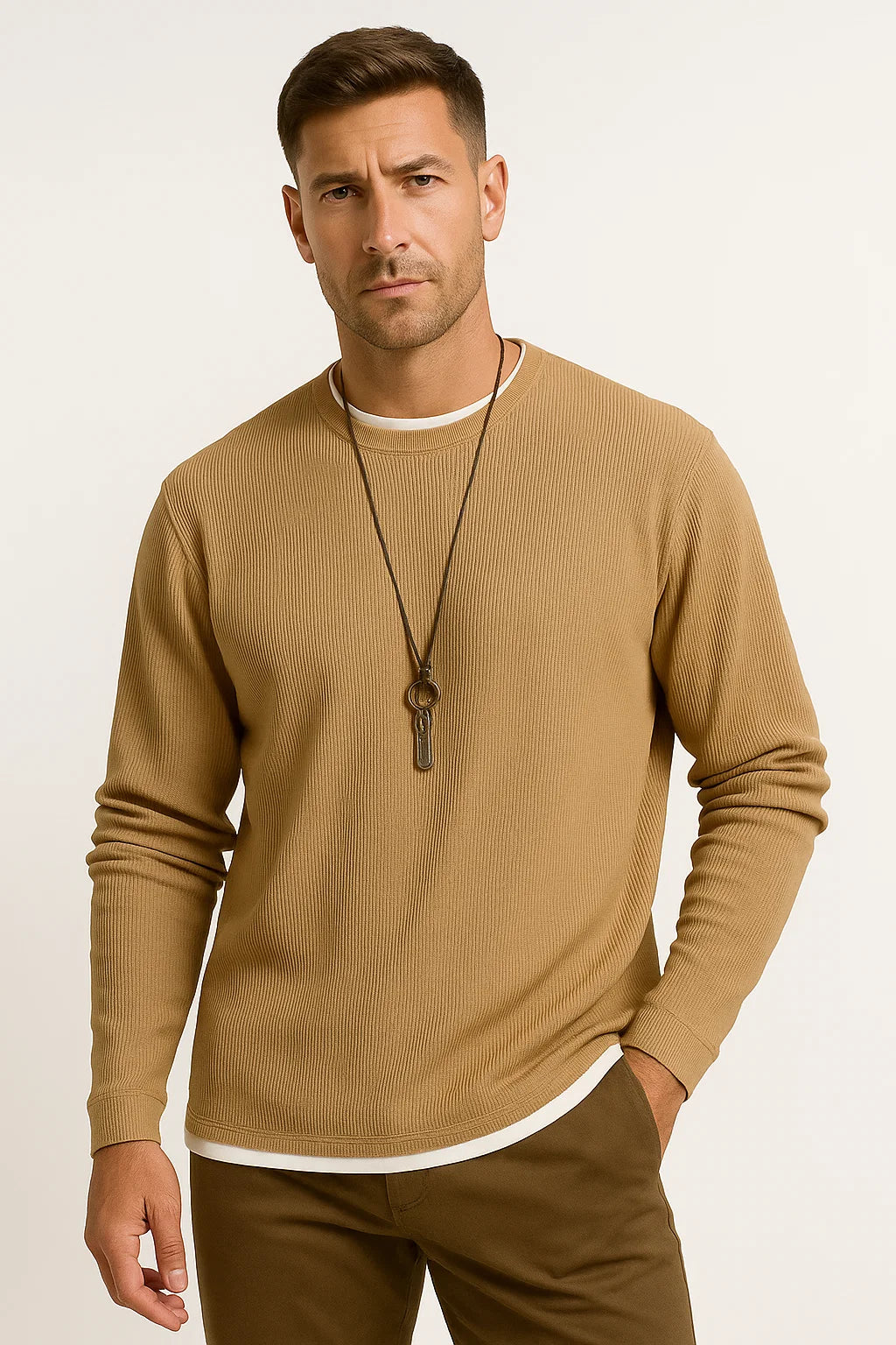 Men's Long Sleeve T-Shirt Stretchable Waffle Texture Crew Neck