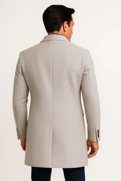 Men's Trench Coat Light Grey Tailored Mid-Length Button Front Notch Collar