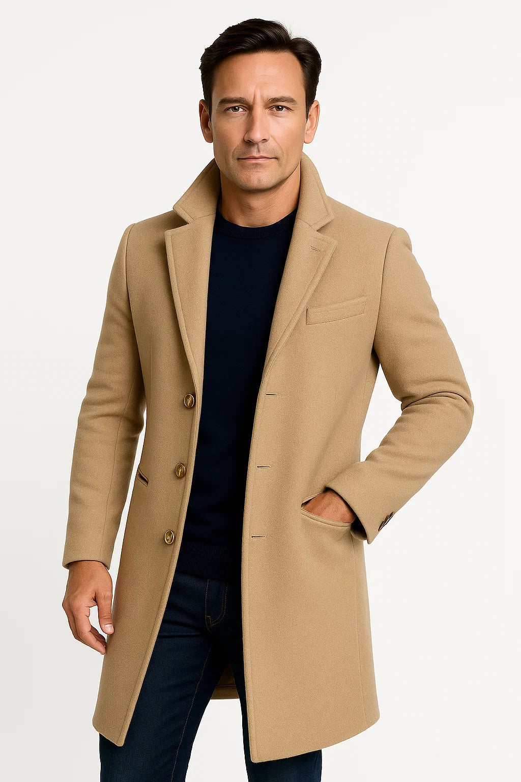 Men's Trench Coat Light Grey Tailored Mid-Length Button Front Notch Collar