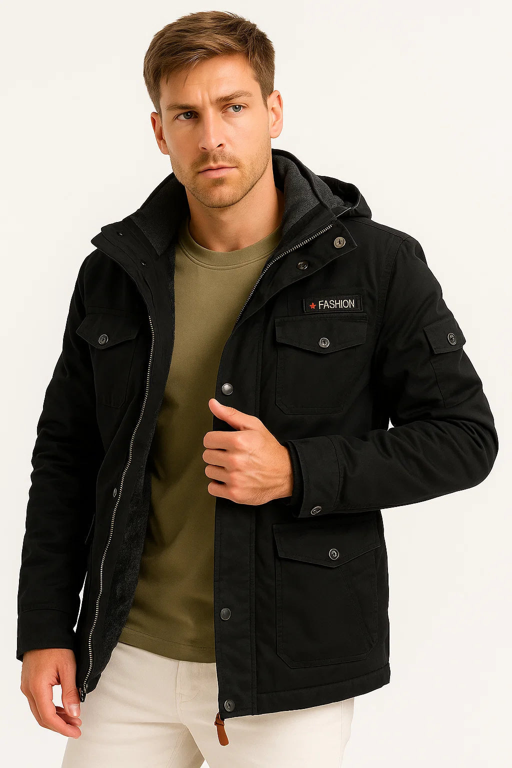 Men's Winter Jacket Army Green Fleece Thermal Hooded Jacket Casual Outdoor Jacket