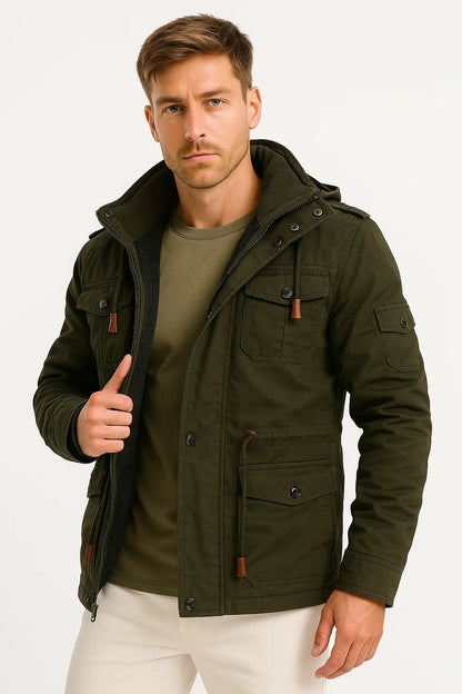 Men's Winter Jacket Army Green Fleece Thermal Hooded Jacket Casual Outdoor Jacket