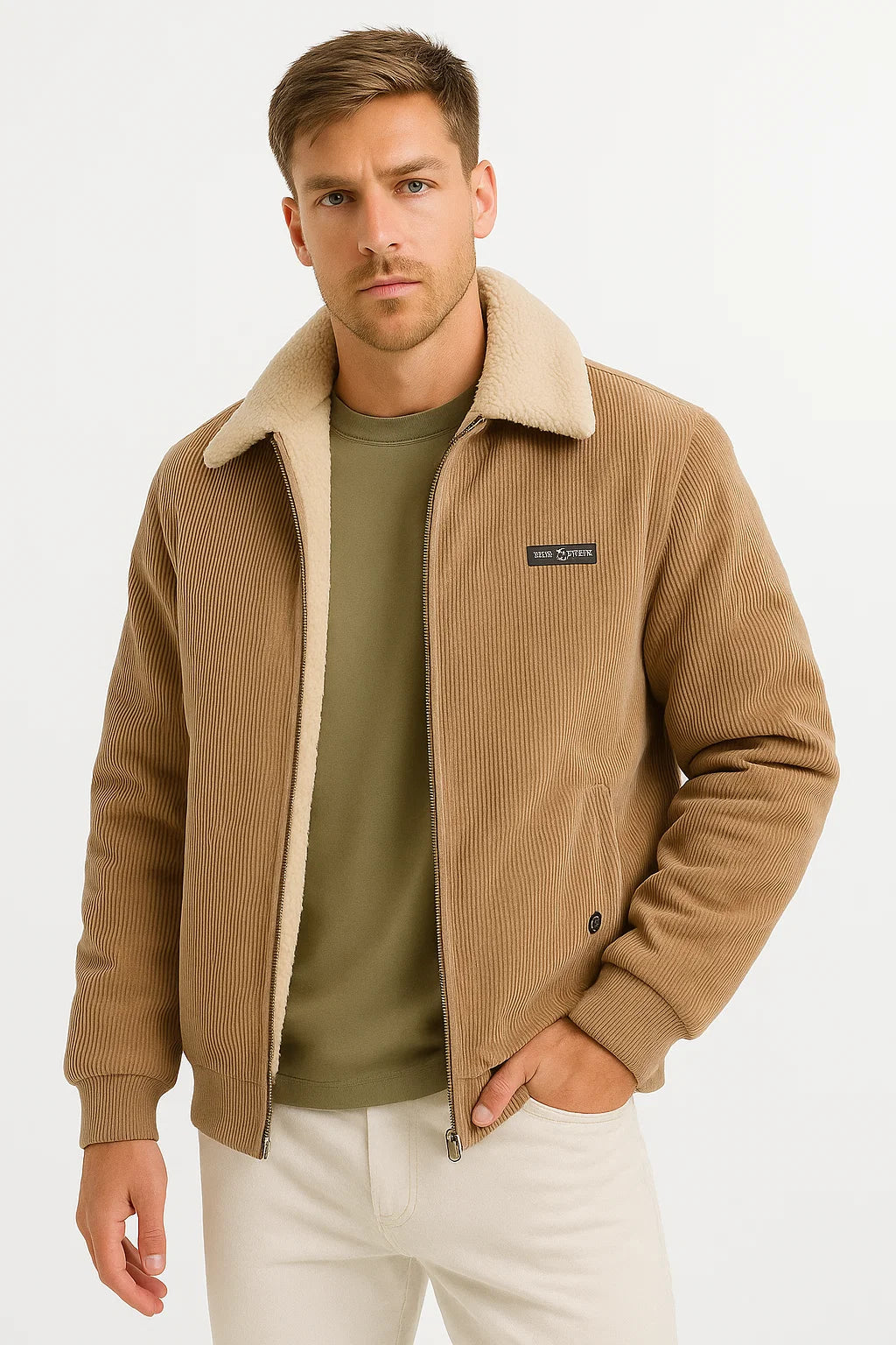 Men's Winter Jacket Grey Fleece Lined Ribbed High Collar Comfortable Stylish