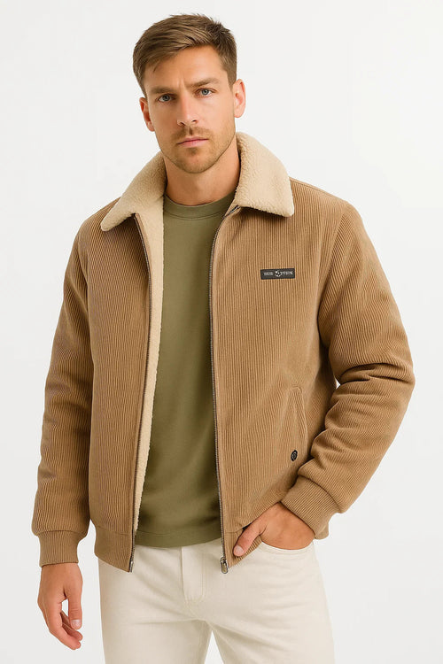 Men's Winter Jacket Grey Fleece Lined Ribbed High Collar Comfortable Stylish