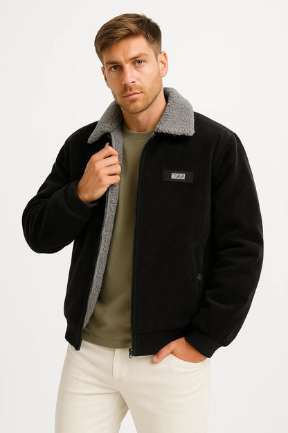 Men's Winter Jacket Grey Fleece Lined Ribbed High Collar Comfortable Stylish