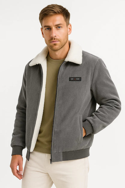Men's Winter Jacket Grey Fleece Lined Ribbed High Collar Comfortable Stylish