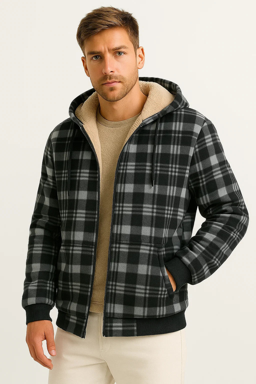 Men's Winter Jacket Black Fleece Lining Warm Insulation Casual Men