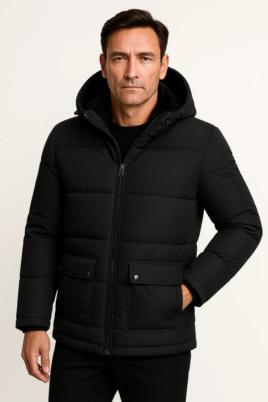Men's Winter Jacket Black Lambswool Oversized Hooded Thick Padded Jacket